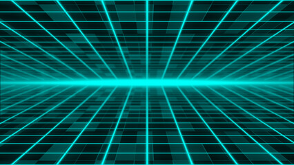 Moving Abstract sci-fi grid with flickering optical flare on the background Bright glowing neon...