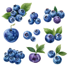 A collection of fresh blueberries with vibrant colors and green leaves isolated against a clean transparent background, blueberries isolated on transparent background