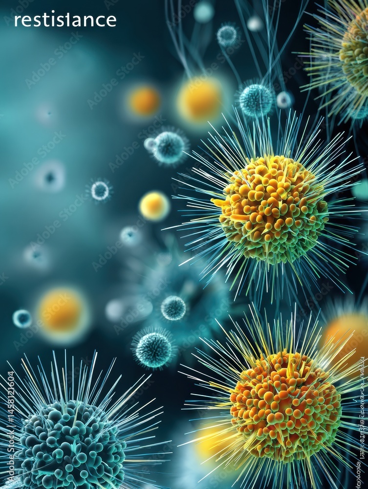Poster virus-like structures with spikes labeled resistance floating in a sterile environment showcasing bi
