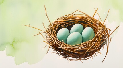 Obraz premium Pale Teal Bird Eggs in Brown Nest Watercolor Spring Image
