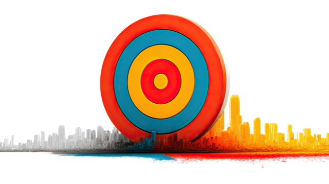 A colorful 3D illustration features an arrow hitting the bullseye of a target circle, symbolizing business success and archery aim