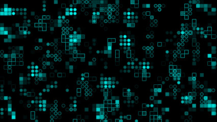 Appearing and disappearing 2d Cyan circles and squares digital background, dark futuristic virtual background