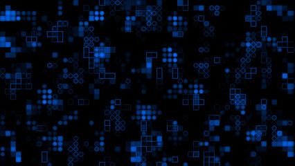 Fototapeta premium Appearing and disappearing 2d Royal blue circles and squares digital background, dark futuristic virtual background