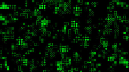 Appearing and disappearing 2d Green circles and squares digital background, dark futuristic virtual background