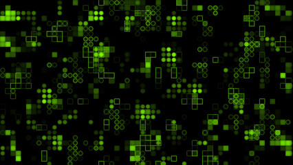 Appearing and disappearing 2d Lime green circles and squares digital background, dark futuristic virtual background