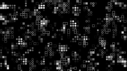 Appearing and disappearing 2d white circles and squares digital background, dark futuristic virtual background