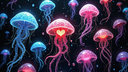 Colorful jellyfish float in a deep sea, glowing with internal light, creating a mesmerizing underwater ballet. A central jellyfish has a heart.