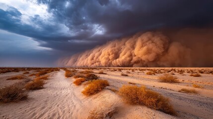 Panorama sand storm across arid desert with dark cloudy sky concept. A powerful sandstorm approaches over a desert landscape.