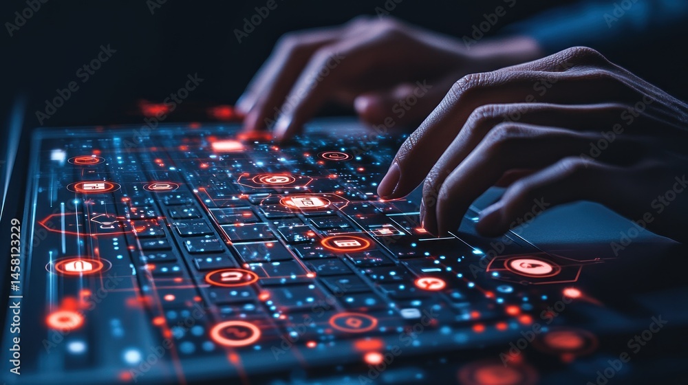 Poster digital world: hands typing on a futuristic laptop keyboard with illuminated icons