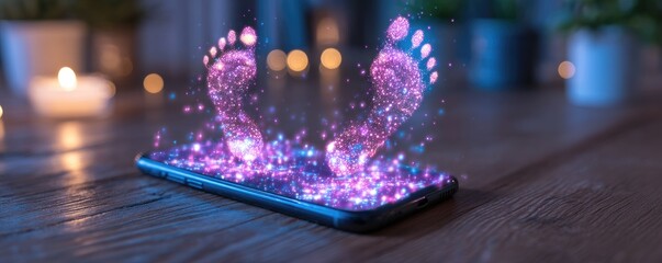 A phone displays glowing feet emerging from sparkling particles.