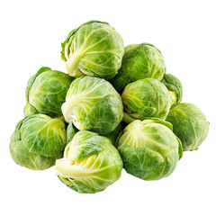 Obraz premium Fresh Brussel sprouts stacked on a transparent background, highlighting their vibrant green color and unique shape, Group of Brussel Sprouts isolated on transparent background