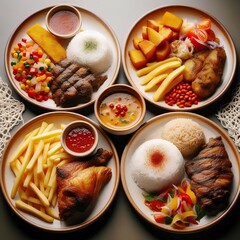 Fast food feast, overhead view, multiple plates, burgers, fries, fried chicken, steak, rice, salad, dipping sauces, circular plates, warm colors, high contrast, food photography, appetizing