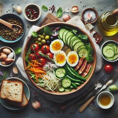 Vibrant Buddha bowl, fresh vegetables, halved boiled eggs, avocado slices, cherry tomatoes, colorful salad, wooden bowl, rustic table, overhead view, scattered ingredients, olive oil, seeds, nuts, hea
