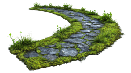 Serpentine stone pathway with moss and verdant growth on a white backdrop