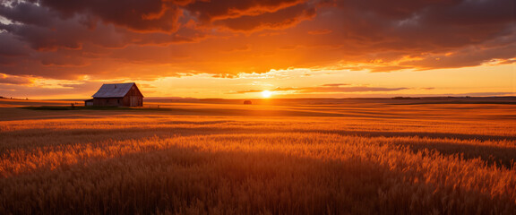 Obraz premium Golden Wheat Field with Rustic Barn Silhouetted Against Fiery Sunset Sky in Countryside Landscape Highlighting Agricultural Beauty and Rural Serenity in Golden Hour