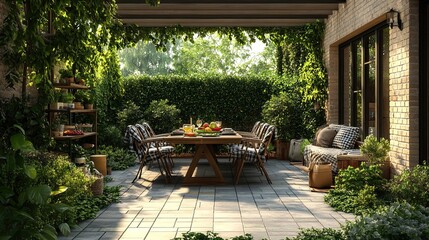 Obraz premium Outdoor dining area with wooden table chairs and lush green foliage in a garden setting view