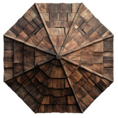 Detailed view of an octagonal wood-shingled roof with symmetrical layout