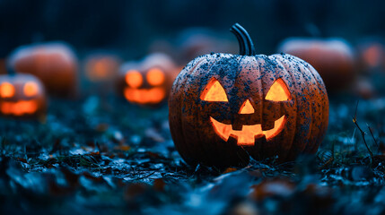 Graveyard/cemetery, Jack O Lantern pumpkins. Dark Halloween wallpaper