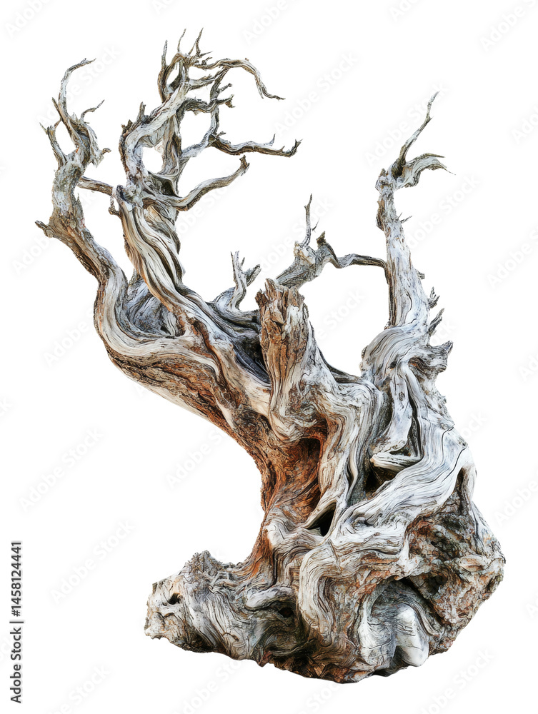 Poster abstract weathered tree trunk with gnarled branches on a white background