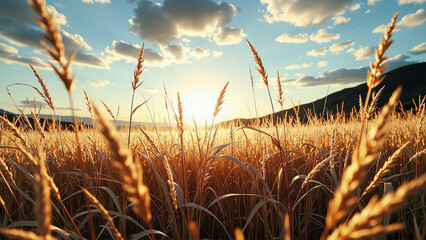 Golden wheat field at sunset under a beautiful sky. The sun is setting, casting a warm glow over the scene. Countryside landscape.