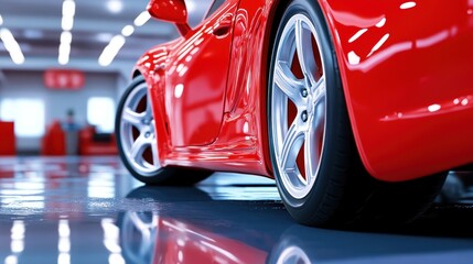 Fototapeta premium Sleek red sports car side profile shiny paint alloy wheels