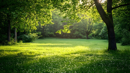 Fototapeta premium Serene Sunlight Dawning Through Leafy Trees Illuminating Lush Meadow