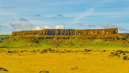South Iceland rough landscape with volcanoes, lava fields, glaciers, mountains, panoramic scenic dramatic view