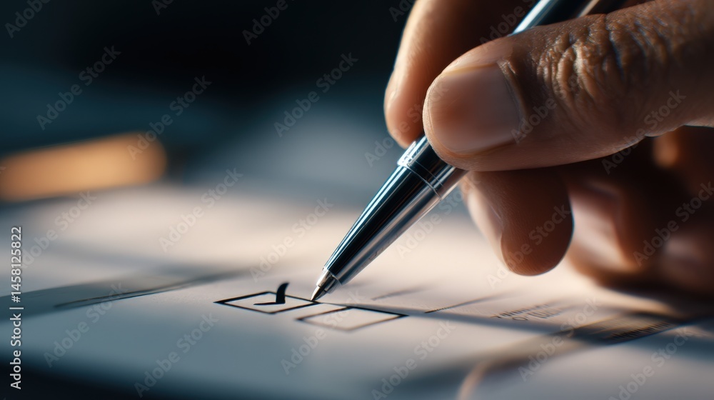 Poster close up of a hand checking a box on a form using a pen signifying completion or agreement