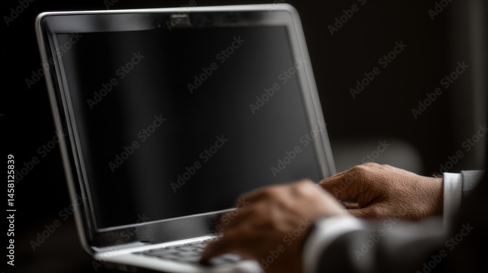 Poster close up of hands typing on a laptop computer with a black screen a professional working on a projec