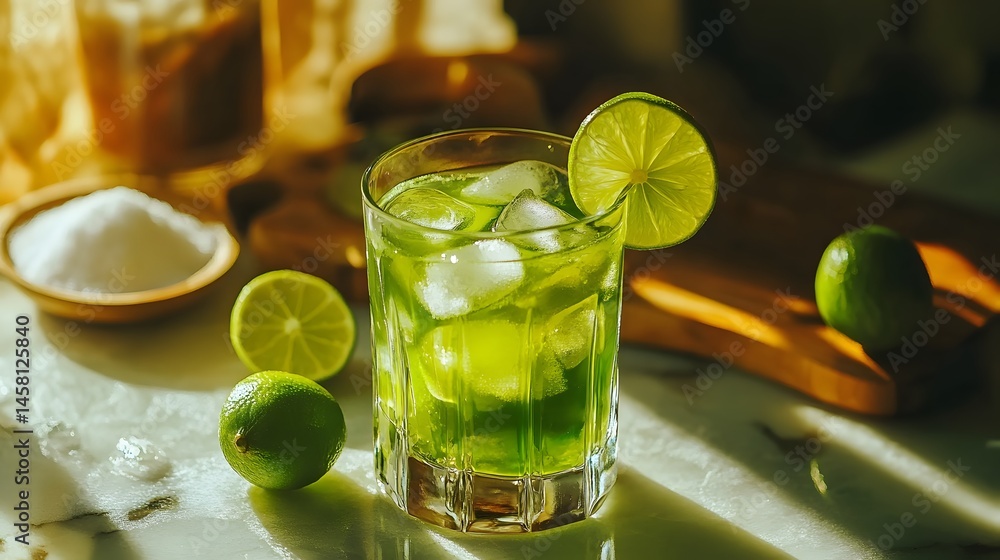 Poster refreshing lime drink with ice and a lime wedge.