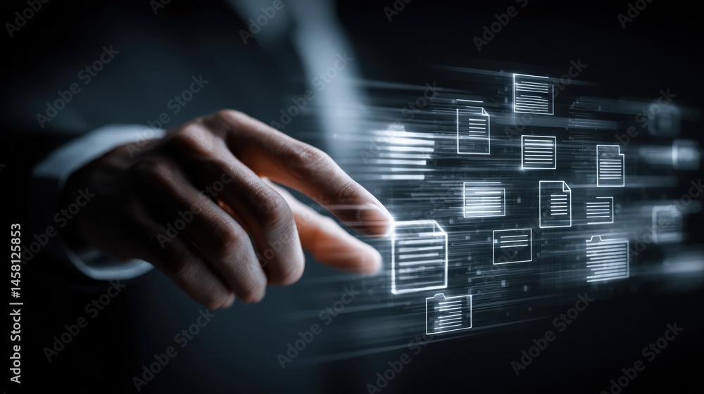 Poster hand interacting with digital documents data flow stream technology concept