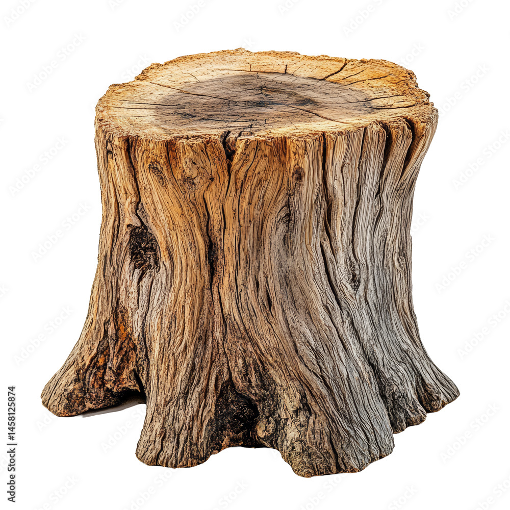 Poster detailed view of a weathered dead log stump showcasing intricate textures against a plain transparen