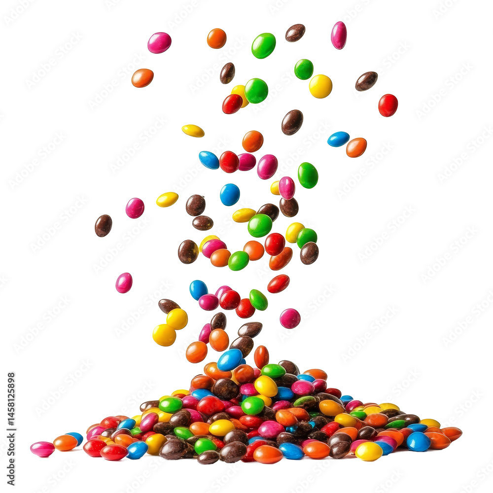 Poster colorful candies falling in an isolated cluster on a transparent background, creating a vibrant disp