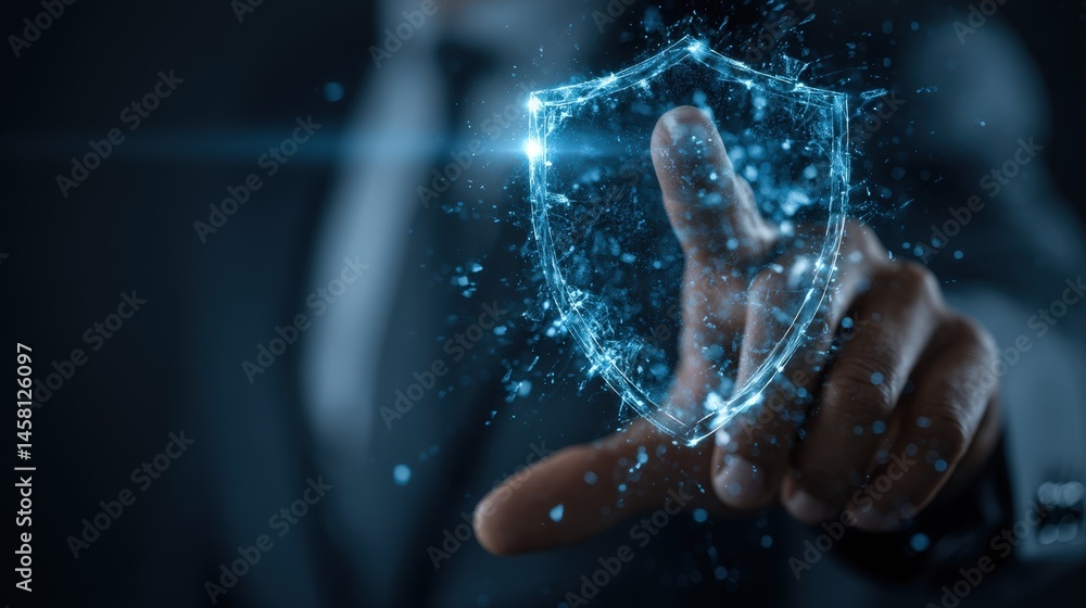 Poster a hand interacting with a digital shield representing data protection and cybersecurity