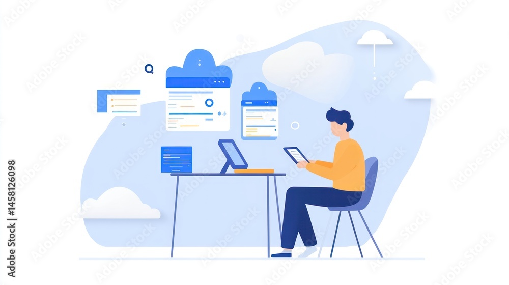 Aufkleber person using digital tablet and computer cloud computing concept