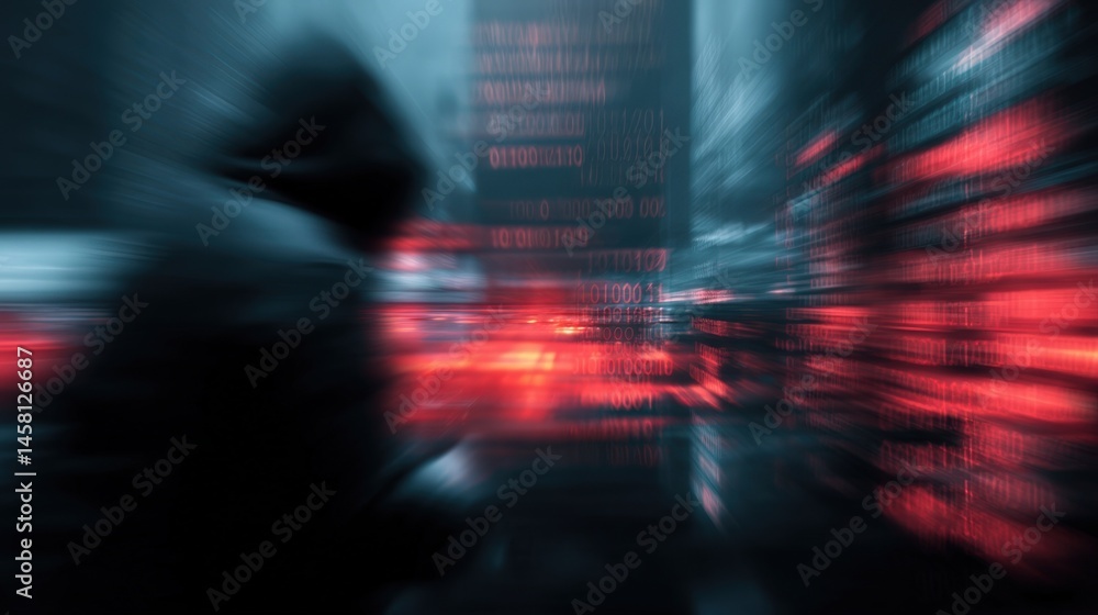 Poster anonymous hacker blurred motion city background digital code cyber security