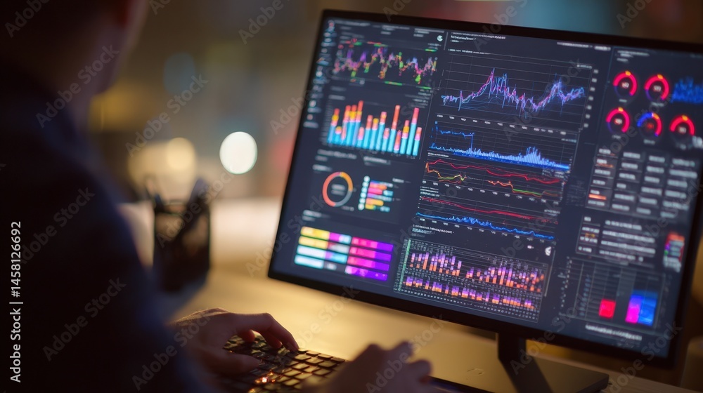Poster person analyzing data graphs charts on computer screen at night financial market data analytics