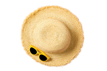 Sun hat and sunglasses ready for summer travel and adventure, isolated on white, PNG