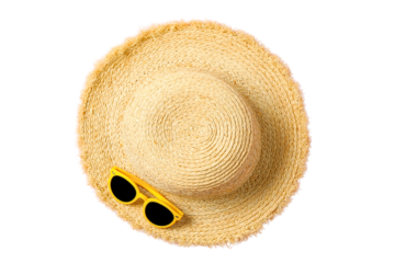 Sun hat and sunglasses ready for summer travel and adventure, isolated on white, PNG