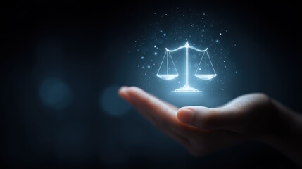 Hand Holding Glowing Scales of Justice Symbol Digital Law Concept Image