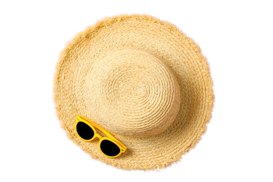 Sun hat and sunglasses ready for summer travel and adventure, isolated on white, PNG