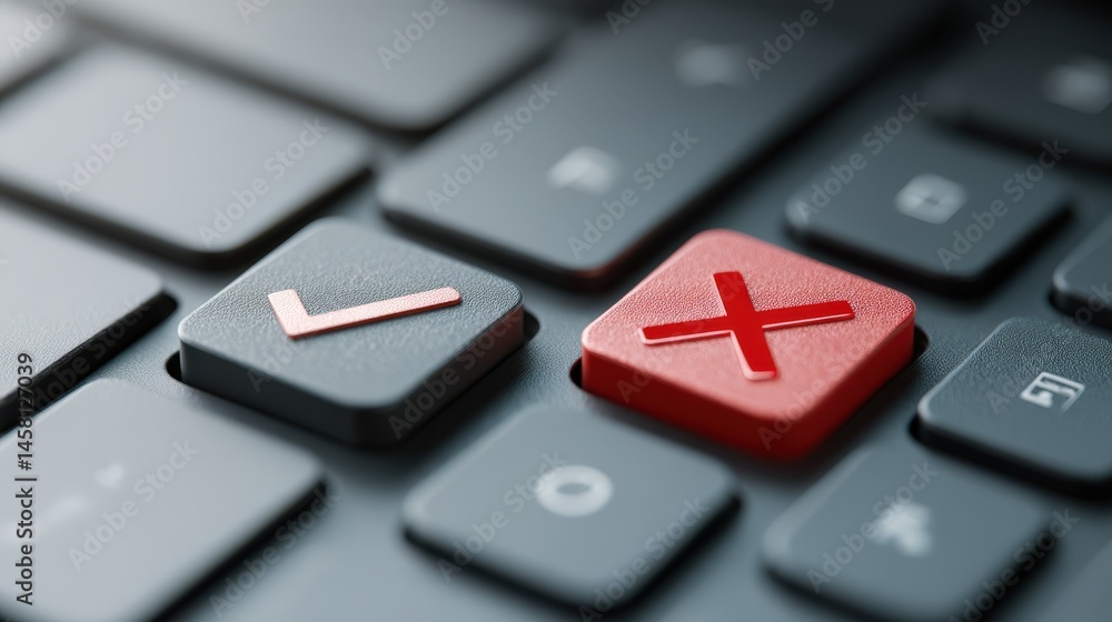 Poster close up of keyboard keys showing checkmark and red x symbols representing decision making or online