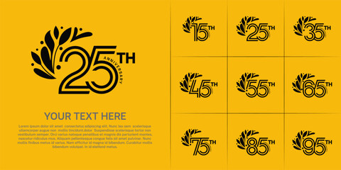 Anniversary logo type set with double line number and floral ornament. black color for celebration event