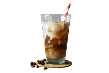 A tall glass filled with ice coffee and topped with cream, isolated on white, PNG