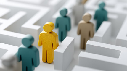 Navigating the Labyrinth: A conceptual image of diverse figurines within a maze, symbolizing the complexities of life's journey and the search for solutions.