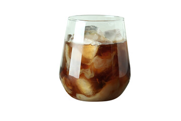 Chilled coffee beverage with ice visible in a clear glass, isolated on white, PNG