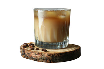 Iced coffee drink with ice cubes on a rustic wood slice, isolated on white, PNG