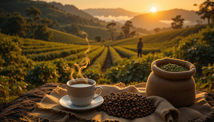 A steaming cup of coffee sits beside roasted and green beans on a burlap cloth, with a farmer standing in a lush coffee plantation at sunrise, bathed in warm golden light.