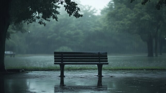 a lonely bench stands soaked in the rain under a stormy sky in a serene pk, eoking feelings of quiet contemplation