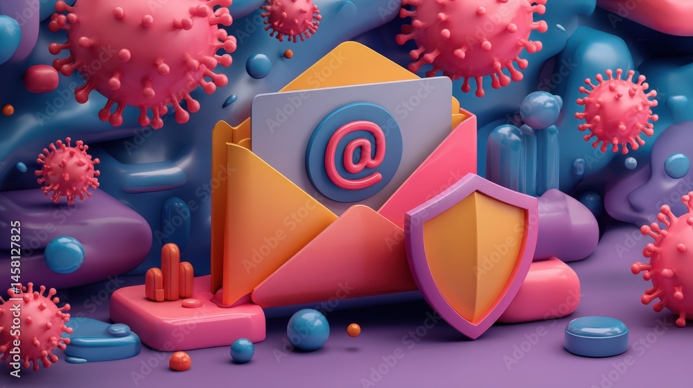 Poster secure email communication during virus outbreak 3d render of email and shield